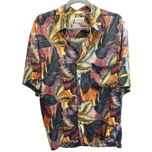 Vtg Cezar Shirt Mens Large Floral Silk Tropical Leaf Print Hawaiian‎ Disco 80s